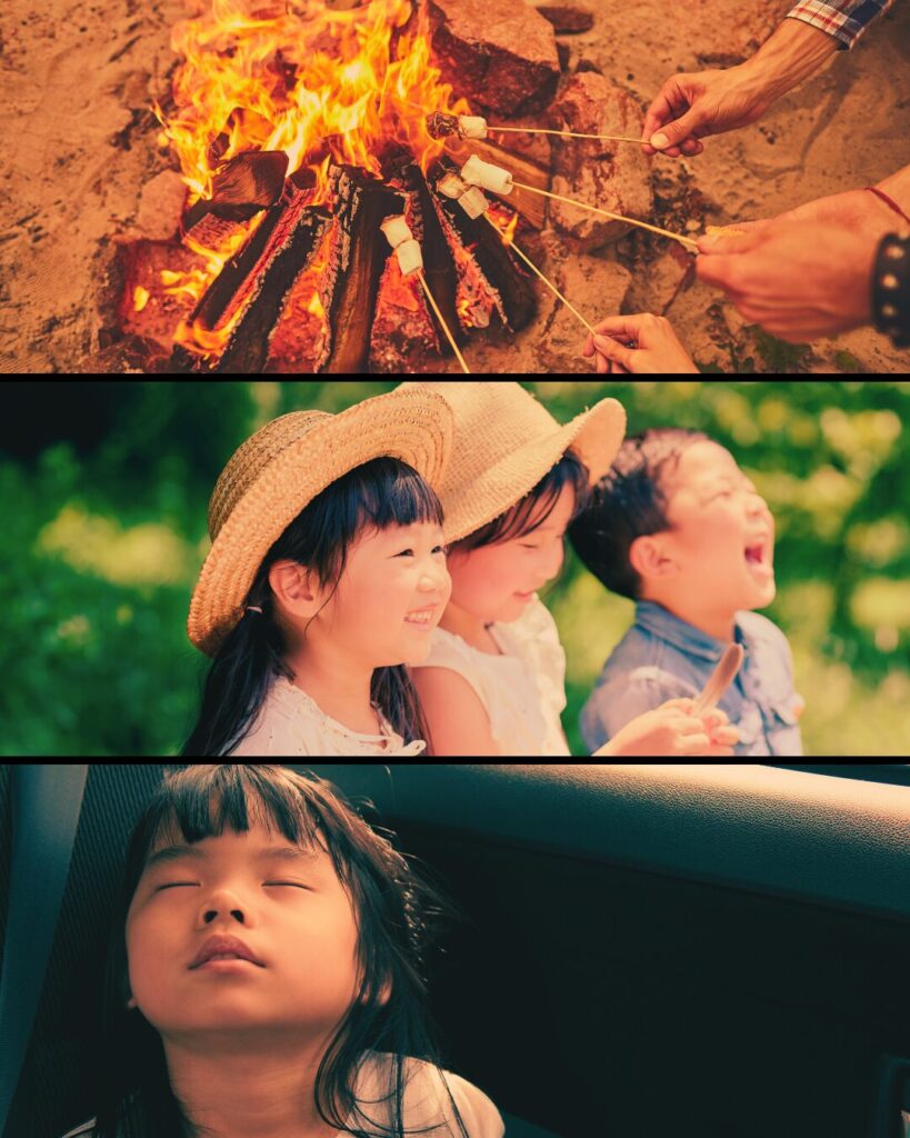 焚き火を囲む手元、笑顔の子どもたち、帰り道に爆睡する女の子の3連構成。家族で楽しむデイキャンプの一日を象徴する写真。