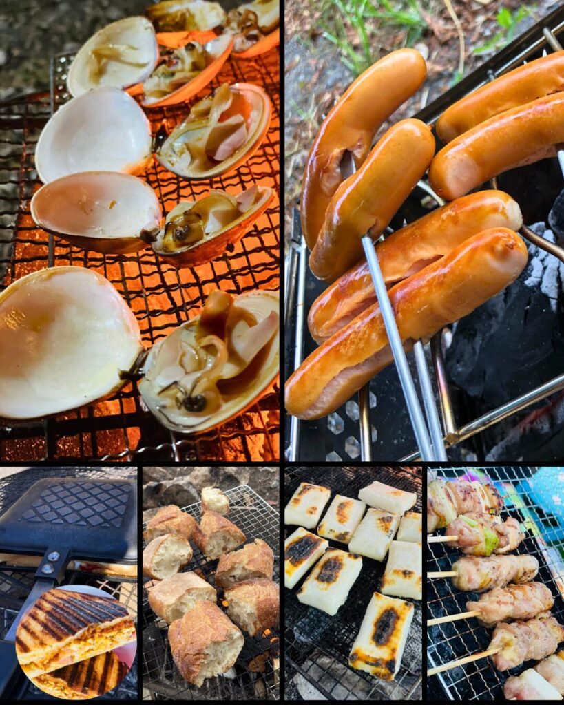 焚火や炭火で焼いたハマグリ、ソーセージ、焼きおにぎり、パン、餅、焼き鳥などのアウトドア料理。