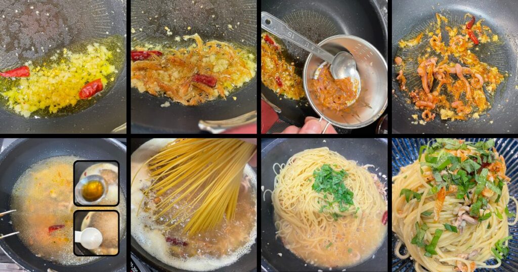 桜えび・塩辛・魚醤のワンパンペペロンチーノを作る工程写真。にんにく炒め、桜えび投入、塩辛の追加、パスタ煮込み、仕上げ盛り付けまで。