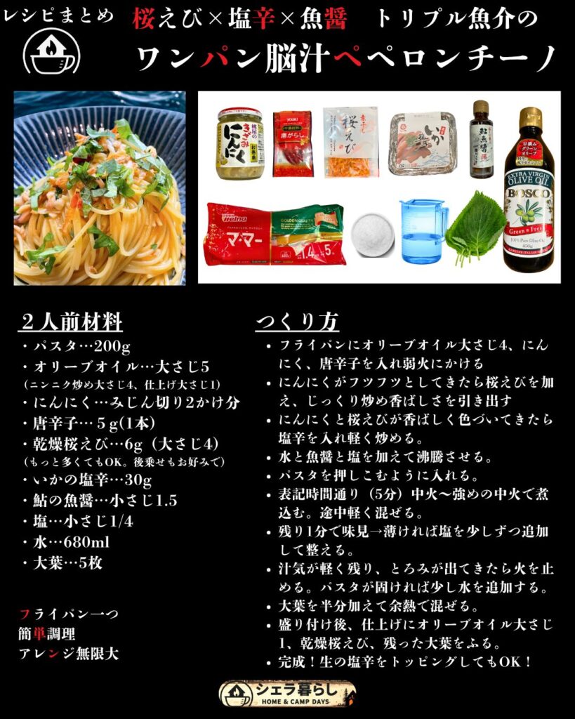 桜えび・塩辛・魚醤を使ったワンパン脳汁ペペロンチーノのレシピまとめ画像。材料・作り方が1枚に整理されている