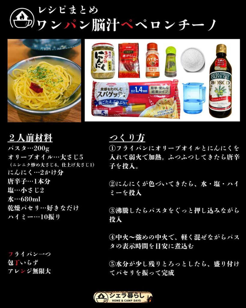 ワンパン脳汁ペペロンチーノのレシピまとめ材料の写真付き