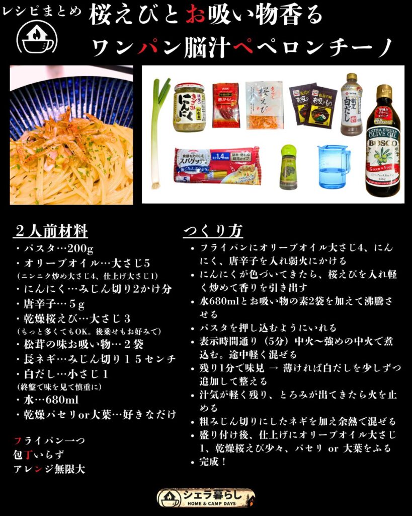 えびとお吸い物香るワンパン脳汁ペペロンチーノのレシピまとめ画像。材料・調味料・作り方を一枚に凝縮。シェラ暮らしの人気シリーズ第2弾。