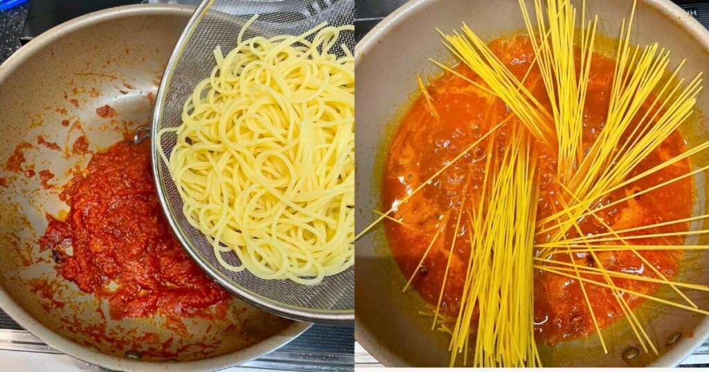アラビアータの調理シーン。左は別茹ででパスタをソースに加える場面、右はワンパンで生のスパゲッティを直接トマトソースに投入する場面。外ごはんパパ流の二刀流レシピ
