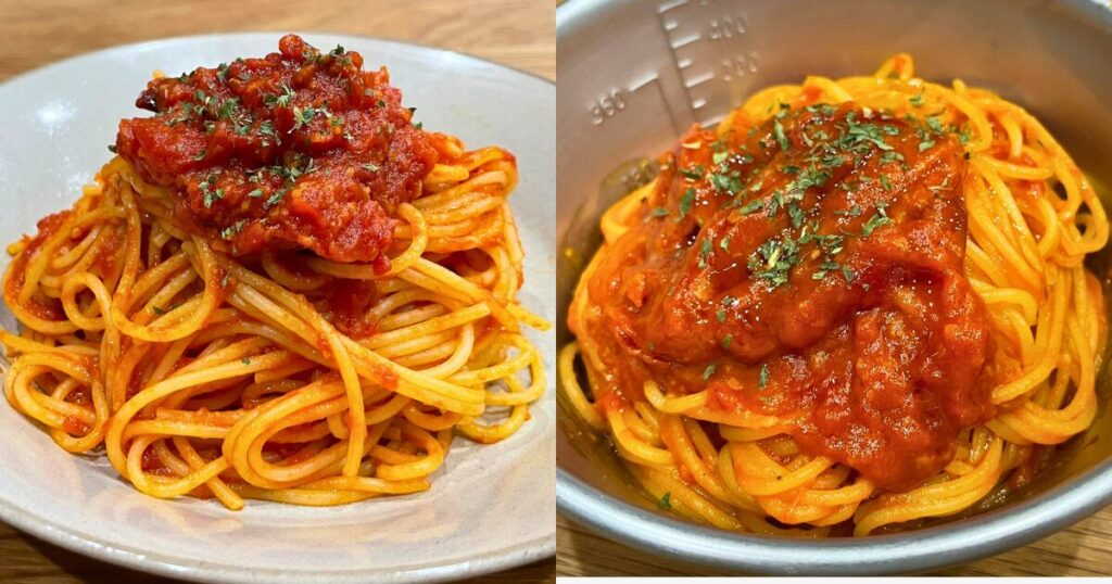 別茹で版とワンパン版の2種類で仕上げたエビオイル香るアラビアータ。左は王道スタイル、右はキャンプでも映えるシェラカップ盛りのワンパンスタイル