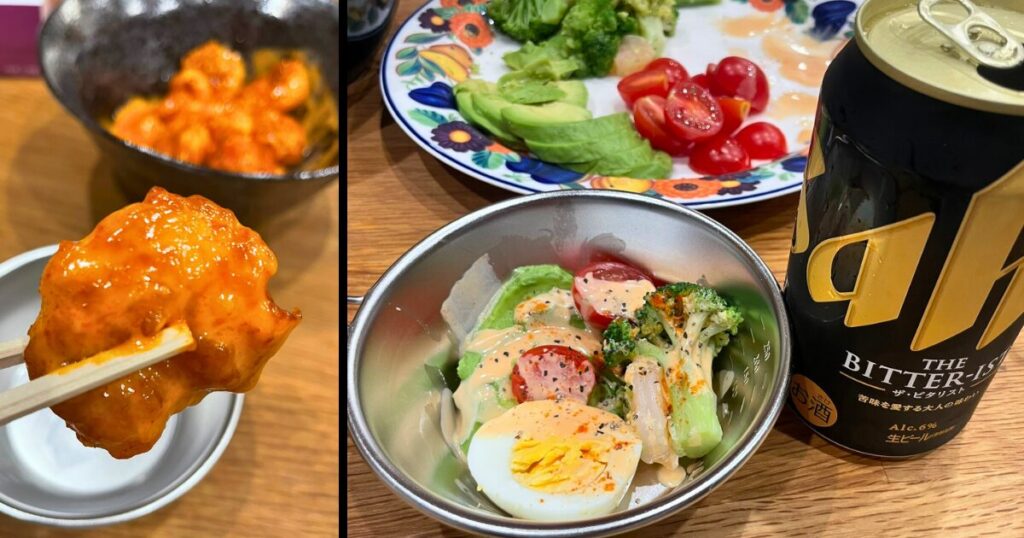 エビオイルで作ったエビマヨとサラダをビールと一緒に楽しむ家飲み風景。ゆで卵やブロッコリー、トマトを添えて彩り豊かに。家庭でもキャンプでも再現できる、外ごはんパパ流の晩酌メニュー。